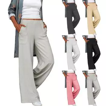 Женские однотонные хлопковые льняные свободные широкие брюки с эластичной резинкой на талии, повседневные брюки L чёрный