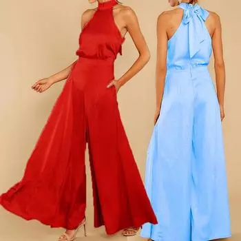 Женские однотонные комбинезоны с круглым вырезом и высокой талией, прямые комбинезоны, летние модные широкие плиссированные брюки, комбинезоны S фиолетовый