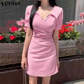 Женские однотонные короткие повседневные платья с v-образным вырезом и лацканами с короткими рукавами и плиссированной талией