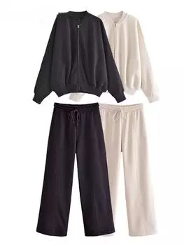 Женские однотонные костюмы High Street с круглым воротником, длинным рукавом, карманом на молнии, топы, длинные спортивные брюки, комплекты на весну и осень M