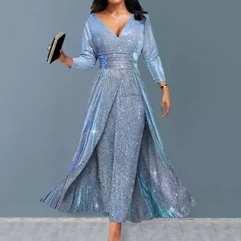 Женские однотонные красивые вечерние платья с пайетками, длинные платья-качалки 3XL синий