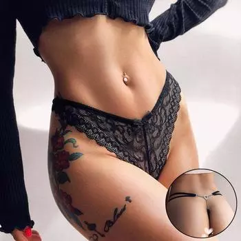 Женские однотонные кружевные брюки с V-образным вырезом и цепочкой, сексуальные черные металлические стринги с низкой талией, прозрачное нижнее белье M