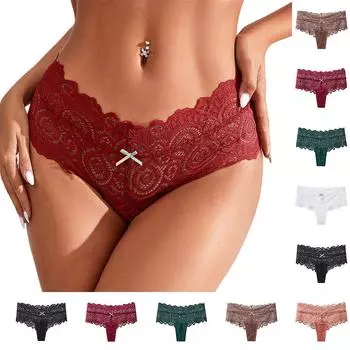 Женские однотонные кружевные сексуальные бесшовные дышащие трусики с заниженной талией и бантом L