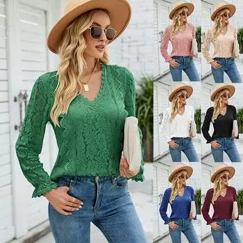 Женские однотонные кружевные вязаные топы с длинным рукавом и v-образным вырезом на осень и зиму S белый