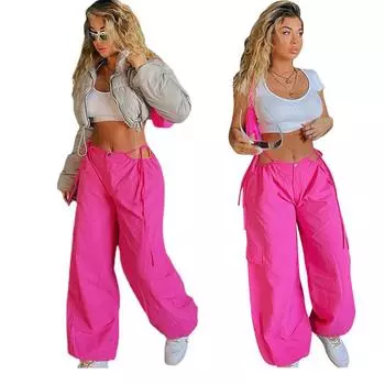 Женские однотонные леггинсы с высокой талией и завязками, брюки-карго, летние универсальные однотонные прямые брюки в американском стиле ретро S серый