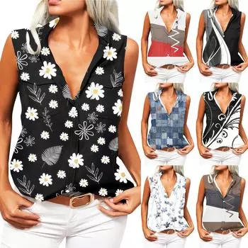 Женские однотонные майки без рукавов с лацканами, летние рубашки на пуговицах, офисные женские рубашки S синий