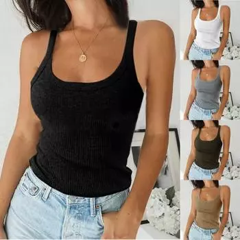Женские однотонные майки без рукавов с U-образным вырезом, базовая рубашка, летние повседневные футболки для тренировок M чёрный