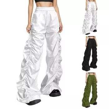 Женские однотонные мешковатые брюки-карго с высокой талией, приподнимающие бедра, плиссированные, мешковатые, со шнуровкой, повседневные L чёрный