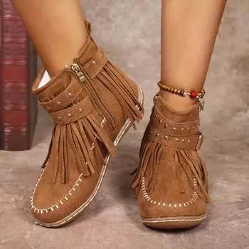 Женские однотонные модные ботинки, зимние ботинки с пряжкой, ремнем, кисточками и плюшевой подкладкой, удобные зимние ботинки с круглым носком 35 бежевый