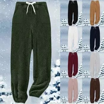 Женские однотонные модные плюшевые повседневные брюки удобные длинные брюки L чёрный