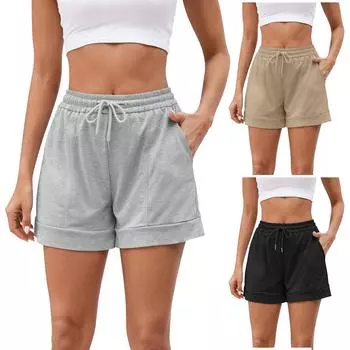 Женские однотонные модные повседневные свободные брюки, брюки-четвертинки, прямые шорты L чёрный