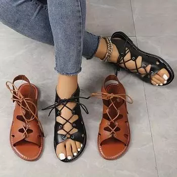 Женские однотонные модные сандалии, легкие пляжные туфли на мягкой подошве со шнуровкой, нескользящая обувь для отпуска 36 чёрный