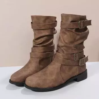 Женские однотонные модные сапоги, пояс с пряжкой, толстый каблук, повседневные джинсовые сапоги в стиле рыцарских сапог с закругленным носком 2024 г. 36 чёрный