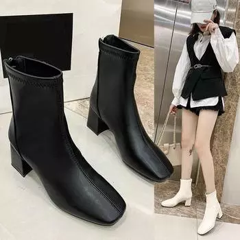 Женские однотонные модные туфли на высоком каблуке с застежкой-молнией сзади Модные ботинки Высокие ботинки Кожаные туфли Ботинки средней высоты Женская обувь 35 белый