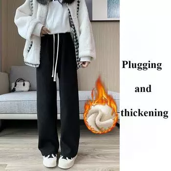 Женские однотонные модные узкие утолщенные трикотажные брюки с высокой талией повседневные стильные прямые брюки для женщин мягкие удобные универсальные теплые свободные трикотажные брюки M чёрный