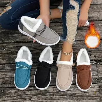 Женские однотонные мокасины с мехом, теплые парусиновые туфли с мягкой подошвой и плоским дном, зимняя меховая теплая и удобная обувь 36 серый