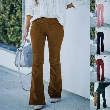 Женские однотонные облегающие брюки-клеш с высокой талией, весна-лето 2025 г., вельветовые брюки-клеш с эластичной резинкой на талии, повседневные брюки S коричневый
