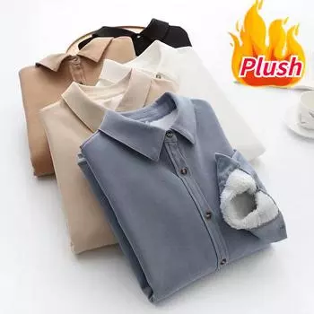Женские однотонные осенне-зимние простые повседневные утолщенные и плюшевые рубашки с французским воротником и длинными рукавами S хаки