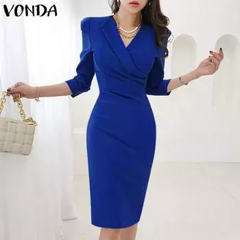 Женские однотонные платья миди VONDA с v-образным вырезом и длинными рукавами 3/4 и талией
