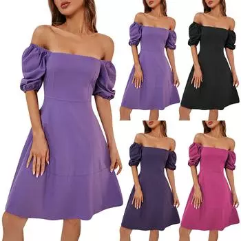 Женские однотонные платья с квадратным вырезом и объемными рукавами L чёрный