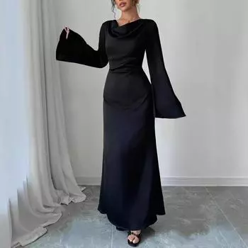 Женские однотонные платья с расклешенными рукавами, драпировкой, вырезом на завязке, длинными рукавами S чёрный