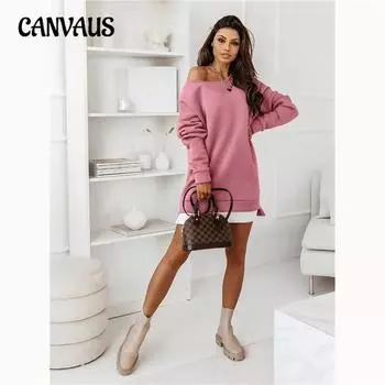 Женские однотонные платья-свитшоты миди с круглым вырезом в стиле хипстер из хлопка XS хаки