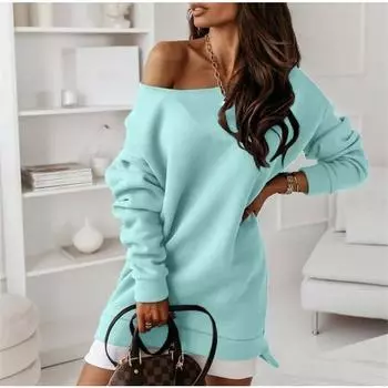 Женские однотонные платья-свитшоты миди с круглым вырезом в стиле хипстер из хлопка XS хаки