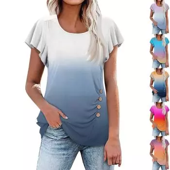 Женские однотонные плиссированные топы с короткими рукавами, летние повседневные футболки с круглым вырезом и пуговицами на талии, топы для женщин L синий