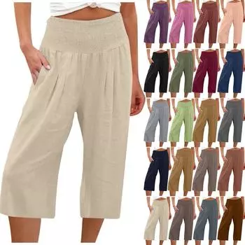 Женские однотонные повседневные эластичные брюки с высокой талией, однотонные семиточечные брюки с карманами L армия зеленый