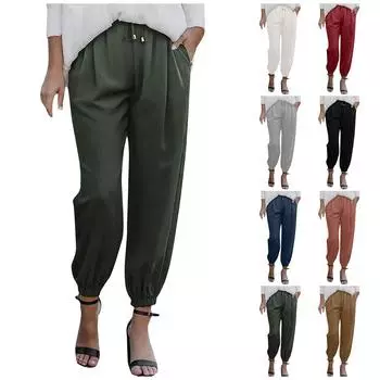 Женские однотонные повседневные брюки на шнуровке с эластичной резинкой на талии, облегающие женские брюки с поясом на небольшую ногу L чёрный