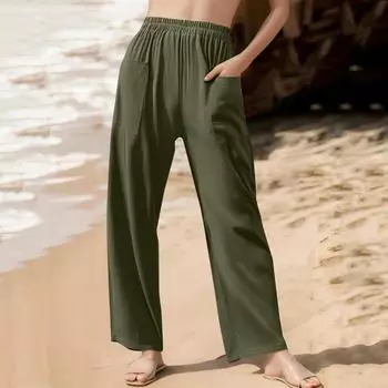 Женские однотонные повседневные брюки прямого кроя из хлопка и льна с высокой талией и свободными карманами на эластичном поясе L армия зеленый