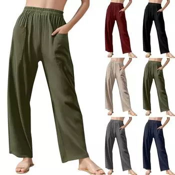 Женские однотонные повседневные брюки прямого кроя из хлопка и льна с высокой талией и свободными карманами на эластичном поясе S
