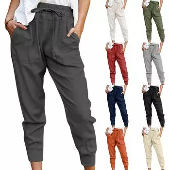 Женские однотонные повседневные брюки с эластичным поясом и карманами L армия зеленый