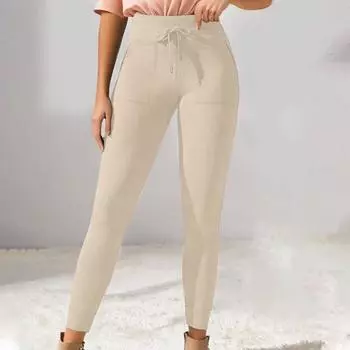 Женские однотонные повседневные брюки с высокой талией и шнуровкой, эластичные облегающие длинные брюки для бега и фитнеса L бежевый