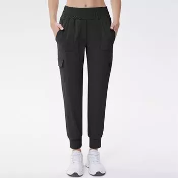 Женские однотонные повседневные брюки с высокой талией, свободные, для похудения, для фитнеса, эластичные, для йоги, с карманами, длинные брюки L чёрный