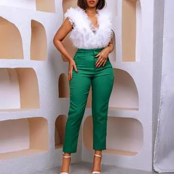 Женские однотонные повседневные брюки с высокой талией, дышащие, узкие брюки с карманами, легкие, простые, мягкие, удобные рабочие брюки S чёрный