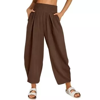 Женские однотонные повседневные брюки с высокой талией, спортивные брюки с карманами M кофейный