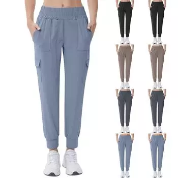 Женские однотонные повседневные брюки с высокой талией, свободные, для похудения, для фитнеса, эластичные, для йоги, с карманами, длинные брюки XL чёрный