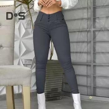 Женские однотонные повседневные длинные брюки с высокой талией и пуговицами, облегающие леггинсы на бедрах, офисные узкие брюки L коричневый