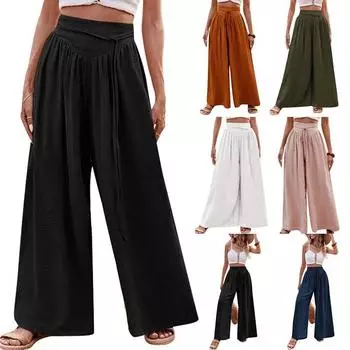 Женские однотонные повседневные длинные брюки с завязками, эластичные, с высокой талией, в стиле пэчворк, широкие прямые длинные брюки, летние свободные дышащие легкие, мягкие, удобные брюки S