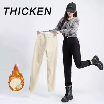 Женские однотонные повседневные джинсы с флисовой подкладкой, высокая талия, молния, утолщенные теплые брюки с карманом, простые модные узкие мягкие удобные брюки 25 чёрный