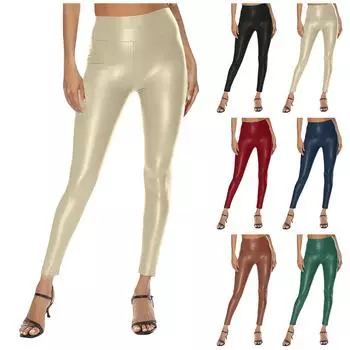 Женские однотонные повседневные кожаные брюки с высокой талией и эластичной талией, брюки-карандаш с подъемом бедер L бежевый