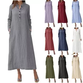 Женские однотонные повседневные макси-длинные платья-рубашки с длинными рукавами и карманами L армия зеленый