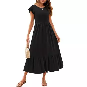 Женские однотонные повседневные платья-рубашки миди с короткими рукавами и шортами L чёрный