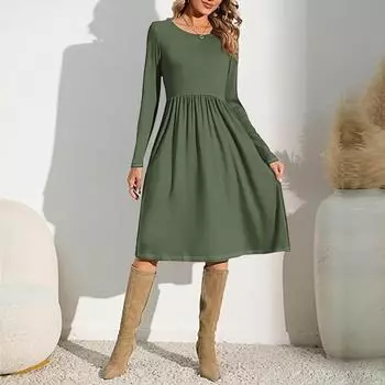 Женские однотонные повседневные платья с карманами на весну с круглым вырезом и длинными рукавами L армия зеленый