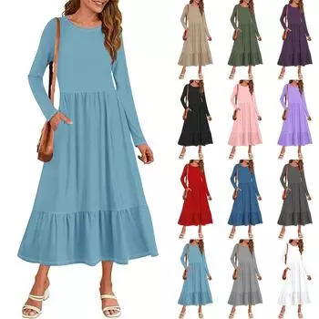 Женские однотонные повседневные платья с карманами на весну с круглым вырезом и длинными рукавами L армия зеленый