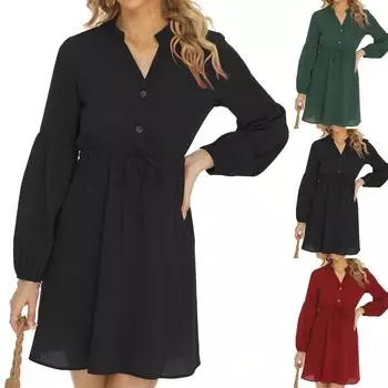 Женские однотонные повседневные платья с V-образным вырезом и шнуровкой на талии и длинными рукавами L чёрный