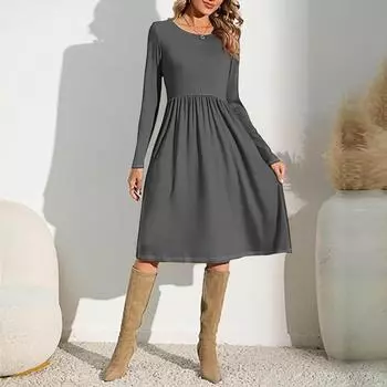 Женские однотонные повседневные платья весна-осень с карманами и круглым вырезом с длинным рукавом M