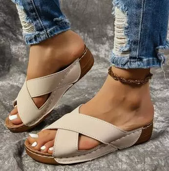 Женские однотонные повседневные сандалии, туфли на платформе с мягкой подошвой и перекрещивающимися полосками для ходьбы, летние шлепанцы на танкетке для отдыха 36 белый