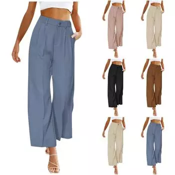 Женские однотонные повседневные широкие брюки с высокой талией на пуговицах и молнии с эластичной резинкой на талии с карманами XL синий